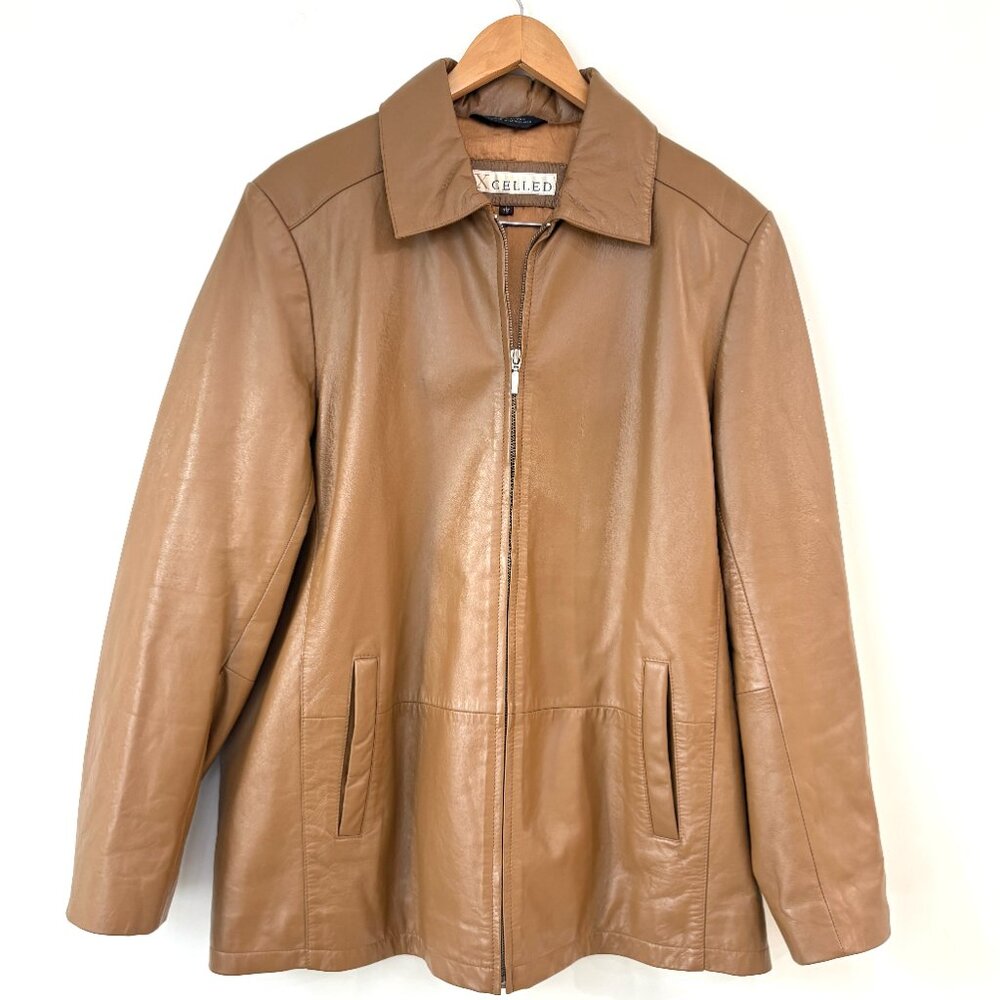 Men's Tan Leather Zip-Front Jacket - Picture 2 of 14